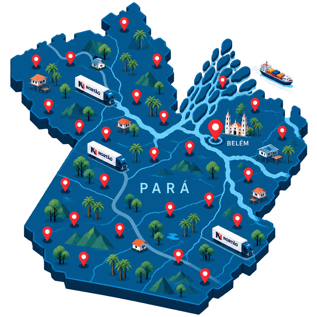 Ilustração do mapa do Pará com cidades atendidas pela frota própria da Nortão